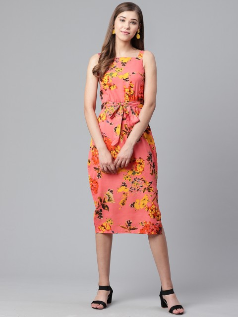 

SIRIKIT Women Peach-Coloured & Mustard Yellow Printed A-Line Dress