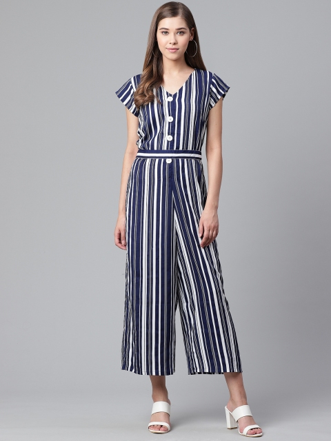 

SIRIKIT Women Navy Blue & White Striped Cropped Basic Jumpsuit