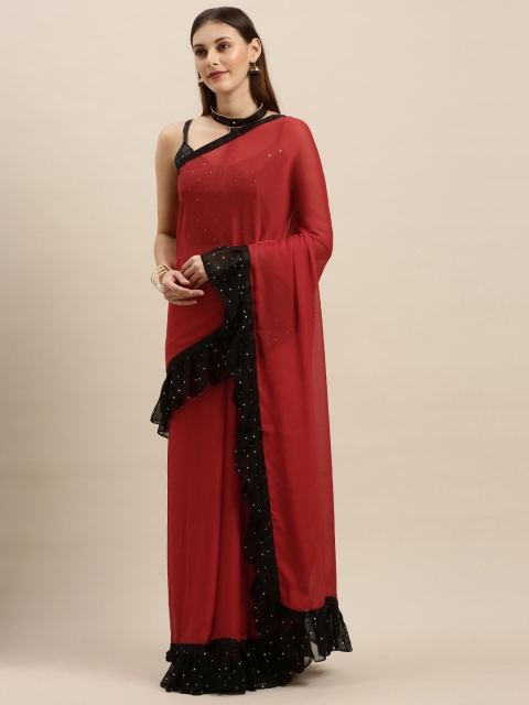 

SHAVYA Red & Black Silk Blend Solid Ruffles Saree