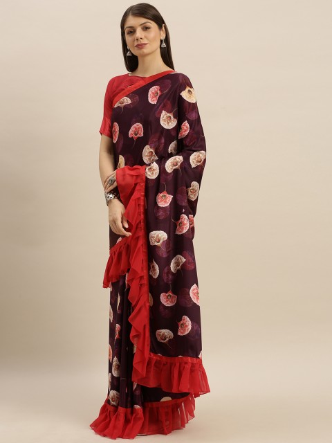 

SHAVYA Red & Brown Pure Georgette Printed Saree