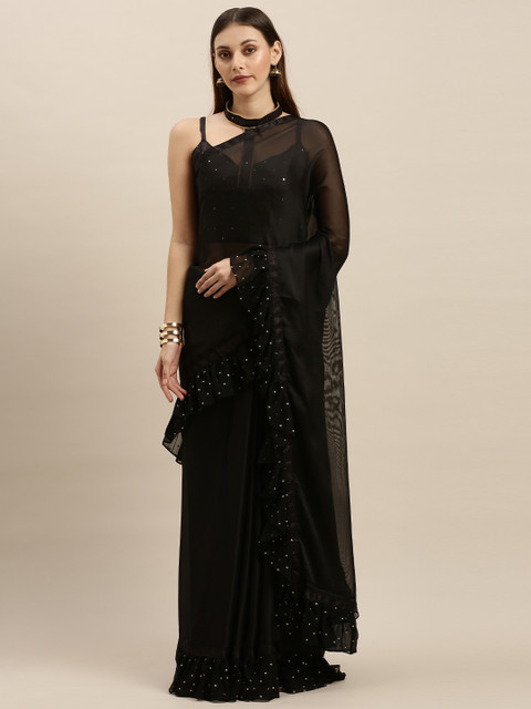 

SHAVYA Black Solid Silk Blend Ruffles Saree