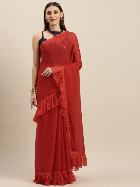 

SHAVYA Red Solid Silk Blend Ruffles Saree