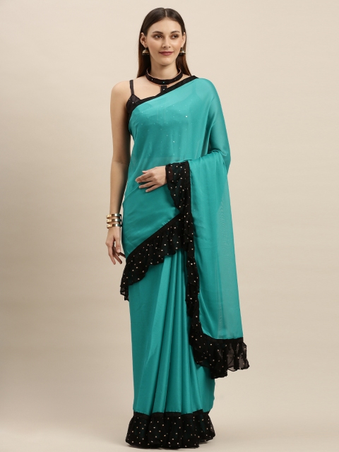 

SHAVYA Turquoise Blue & Black Silk Blend Solid Ruffles Saree