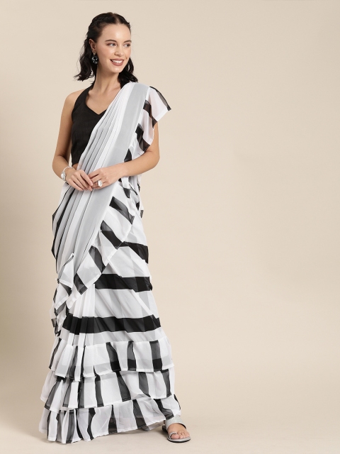 

SHAVYA White & Black Pure Georgette Ruffle Border Striped Saree