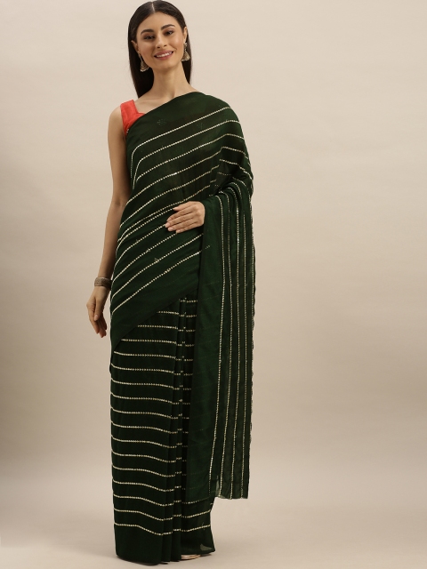 

SHAVYA Green & Gold-Toned Striped Embellished Silk Blend Saree
