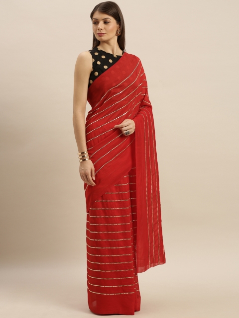 

SHAVYA Red & Golden Silk Blend Striped Saree