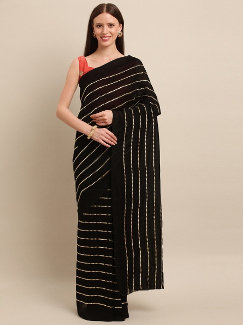 

SHAVYA Black & Golden Silk Blend Striped Saree