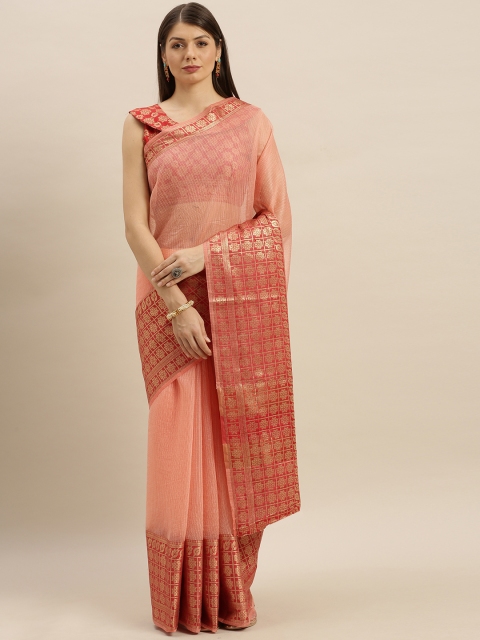 

SHAVYA Peach-Coloured & Red Pure Cotton Woven Design Banarasi Saree