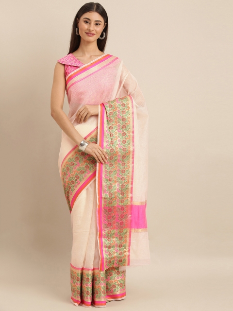 

SHAVYA Off-White & Pink Pure Cotton Solid Banarasi Saree