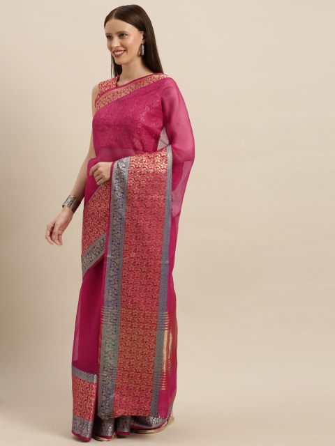 

SHAVYA Fuchsia Pink & Red Pure Cotton Woven Design Banarasi Saree