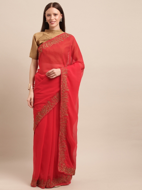 

SHAVYA Red Solid Pure Georgette Saree with Embroidered Border