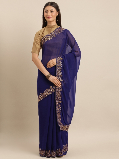 

SHAVYA Navy Blue & Gold-Coloured Pure Georgette Solid Saree