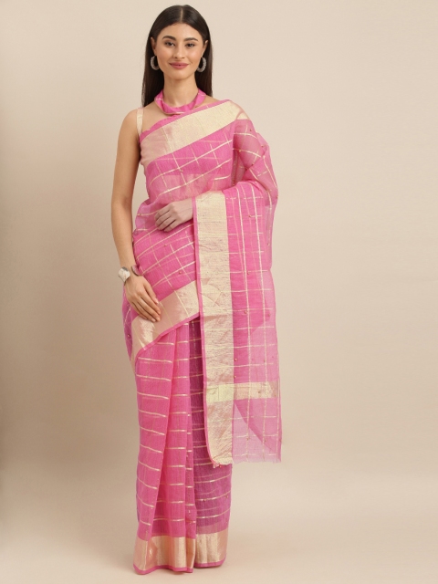 Pink & Gold-Toned Jute Cotton Embellished Kota Saree