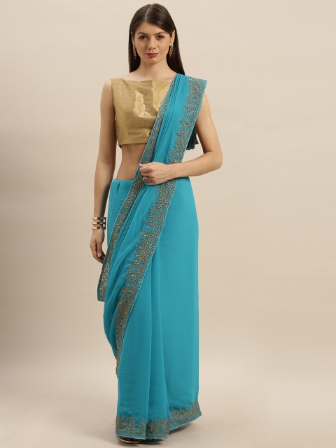 

SHAVYA Turquoise Blue Solid Pure Georgette Saree