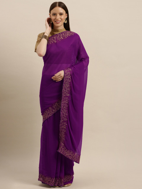 

SHAVYA Purple & Beige Pure Georgette Embroidered Saree