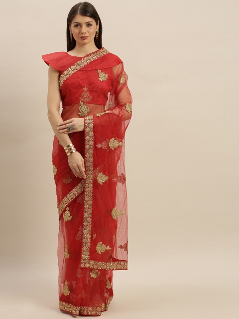

SHAVYA Red & Gold-Toned Net Embroidered Saree