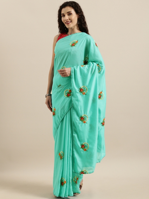 

SHAVYA Turquoise Blue & Red Silk Blend Embroidered Saree