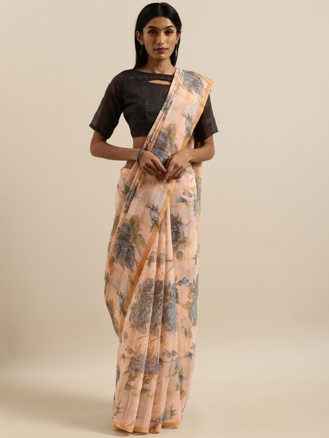 

SHAVYA Peach-Coloured & Grey Linen Blend Floral Printed Saree