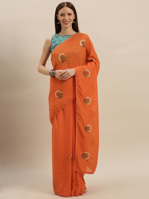 

SHAVYA Orange & Turquoise Blue Silk Blend Embroidered Saree