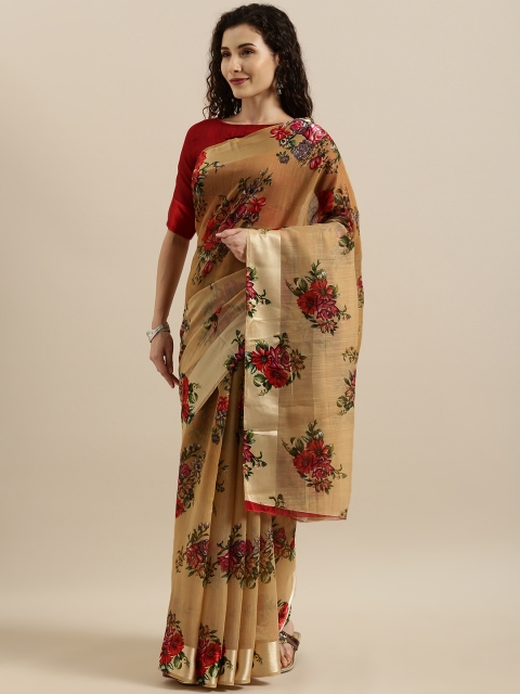 

SHAVYA Bronze-Toned & Red Linen Blend Printed Saree