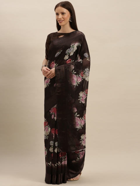 

SHAVYA Black Floral Printed Linen Blend Saree