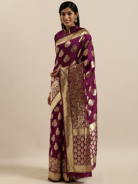 

SHAVYA Purple & Gold-Toned Pure Silk Woven Design Banarasi Saree