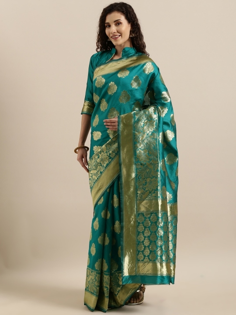 

SHAVYA Turquoise Blue & Gold-Toned Pure Silk Woven Design Banarasi Saree