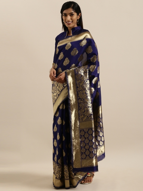 

SHAVYA Navy Blue & Gold-Toned Pure Silk Woven Design Banarasi Saree