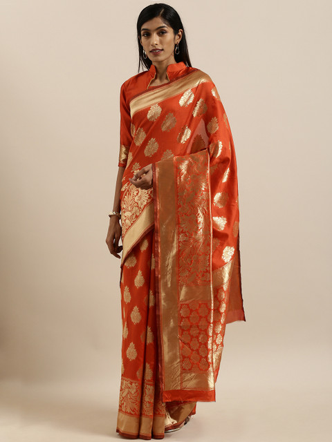 

SHAVYA Orange & Golden Pure Silk Woven Design Banarasi Saree