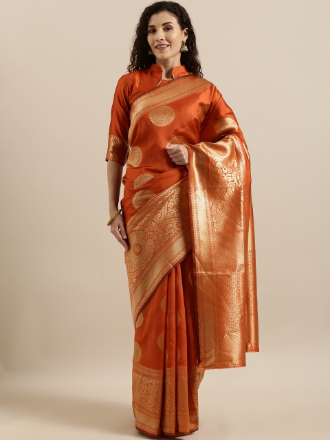 

SHAVYA Orange & Gold-Toned Pure Silk Woven Design Banarasi Saree