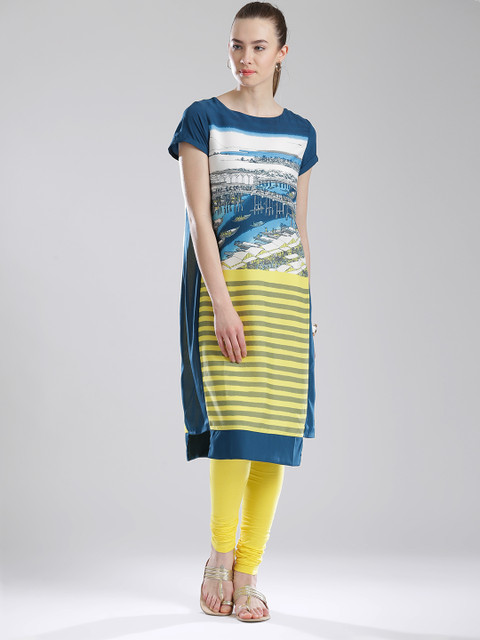 

W Yellow & Blue Printed A-Line Kurta