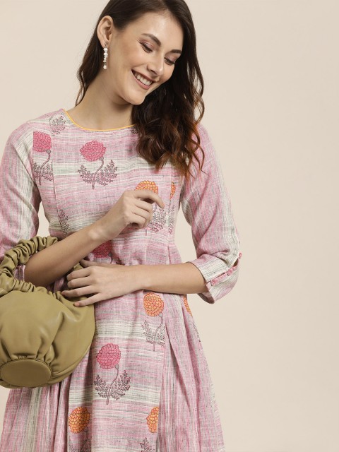 

Taavi Women Pink and Multi Color Sanganeri Block Print Fit and Flare Sustainable Dress