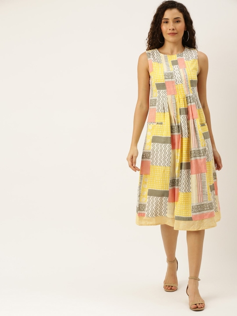 

Taavi Women Multicoloured Sanganeri Block Print Pleated A-Line Sustainable Dress With Side Pockets, Multi
