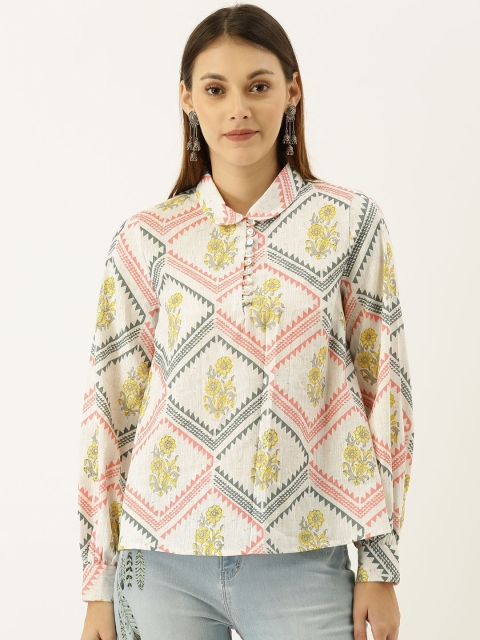 

Taavi Women White Sanganeri Block Print Shirt Style Pure Cotton Top