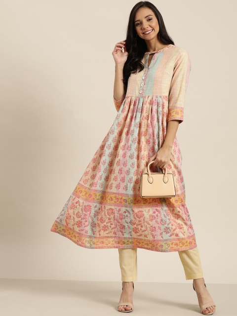 

Taavi Women Yellow & Red Sanganeri Handblock Print Gathered Detail Kurta with Trousers