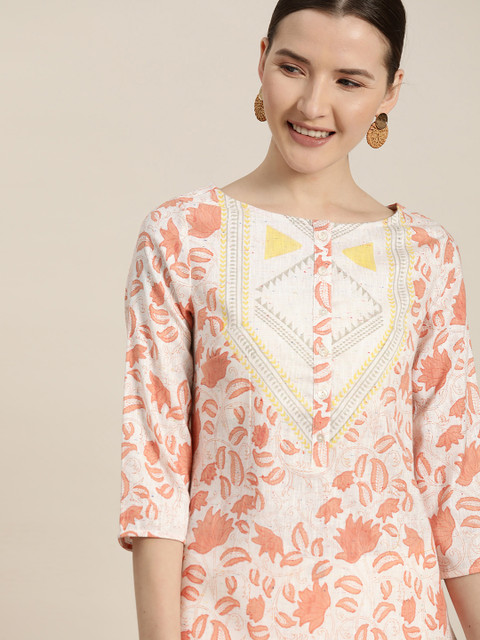 

Taavi Off-White & Orange Sanganeri Handblock Print Straight Kurta with Button Closure