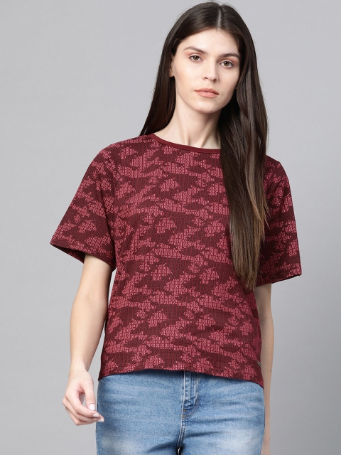 

Roadster Women Burgundy & Black Printed Styled Back Top