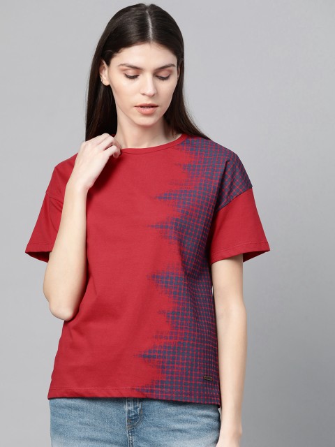 

Roadster Women Red & Navy Blue Printed Round Neck T-shirt