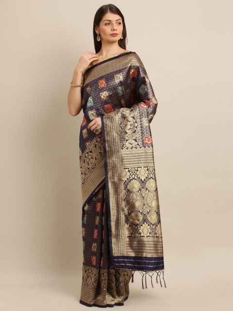 

Mitera Navy Blue & Gold-Toned Art Silk Woven Design Kanjeevaram Saree