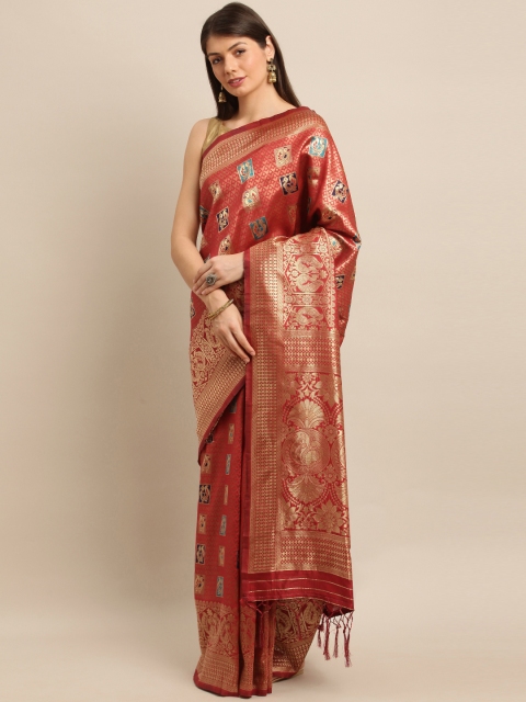 

Mitera Red & Gold-Toned Art Silk Woven Design Kanjeevaram Saree