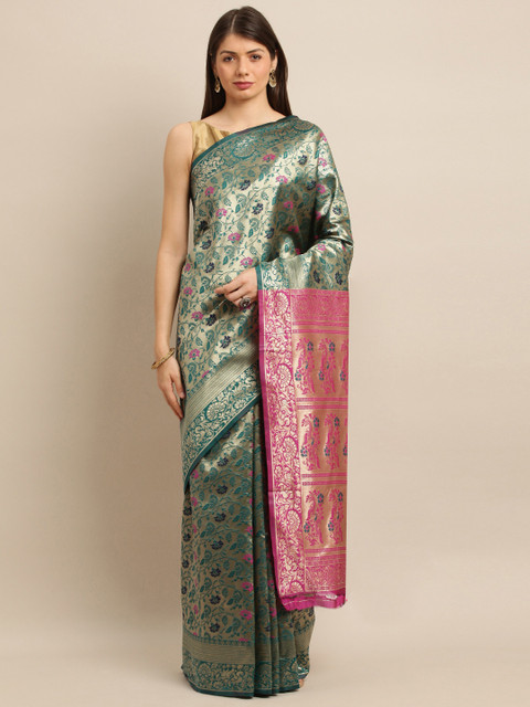 

Mitera Green & Gold-Toned Art Silk Woven Design Banarasi Saree