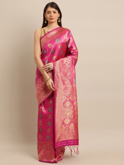 

Mitera Pink & Gold-Toned Art Silk Woven Design Kanjeevaram Saree