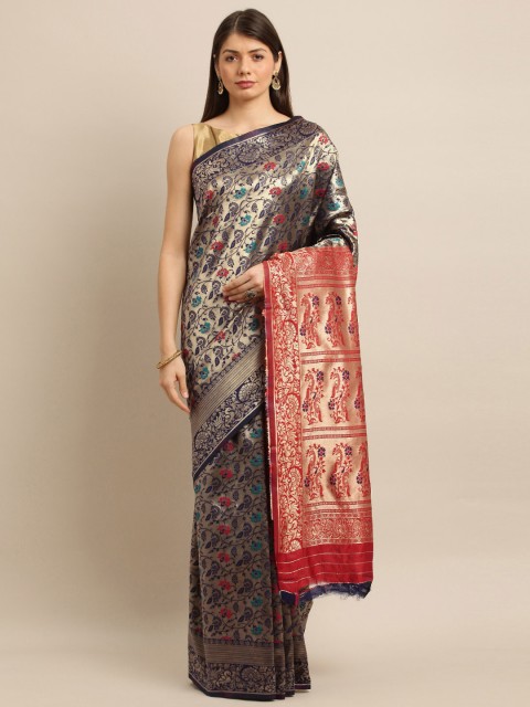

Mitera Blue & Gold-Toned Art Silk Woven Design Banarasi Saree