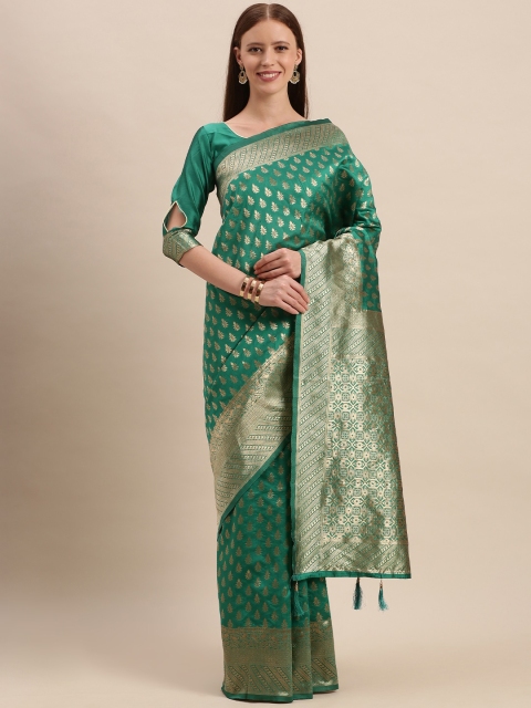 

Mitera Teal Green & Golden Silk Blend Woven Design Kanjeevaram Saree