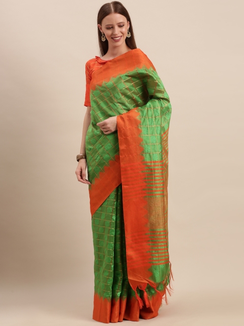 

Mitera Green Cotton Blend Woven Design Kanjeevaram Saree