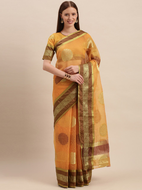 

Mitera Orange & Brown Cotton Blend Woven Design Kota Saree