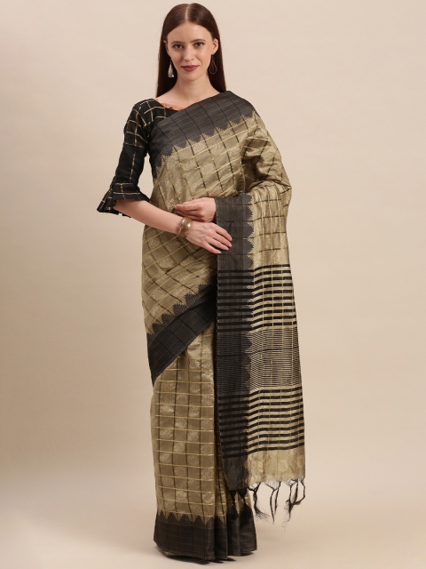 

Mitera Beige & Black Cotton Blend Checked Saree