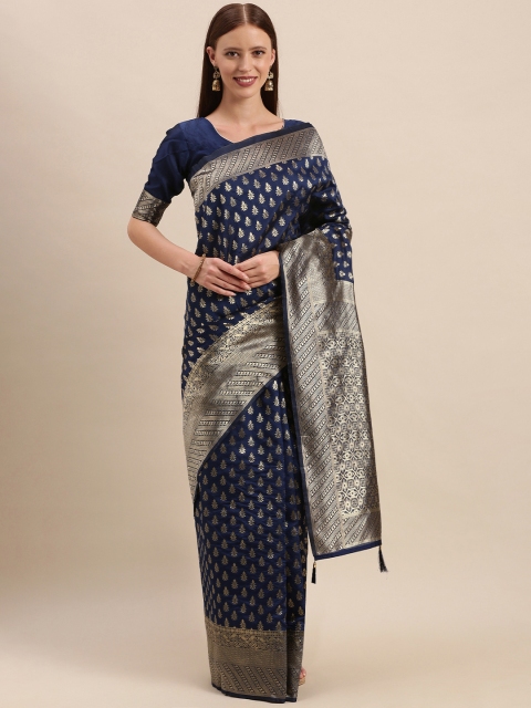 

Mitera Navy Blue Silk Blend Woven Design Kanjeevaram Saree