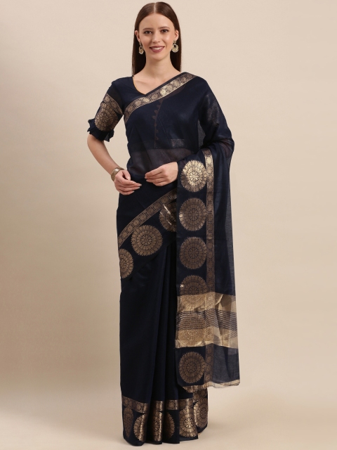 

Mitera Navy Blue Cotton Blend Solid Kanjeevaram Saree