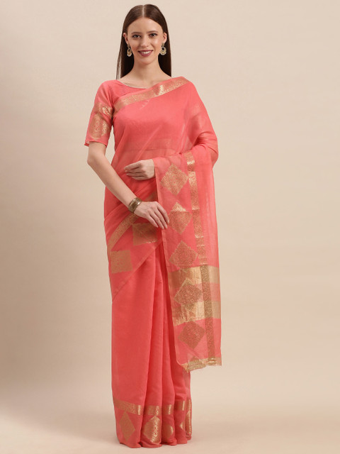 

Mitera Pink Cotton Blend Solid Kanjeevaram Saree